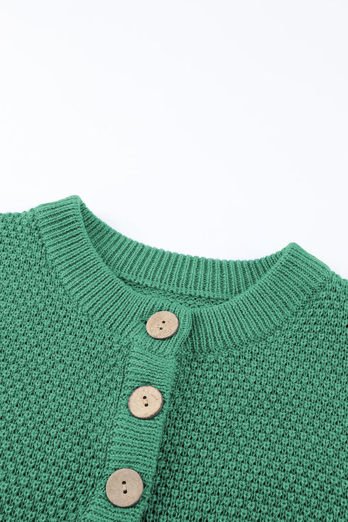 Henley Button Placket Side Slit Drop Shoulder Pullover Knit Sweater